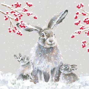 Wrendale-Luxury-boxed-Christmas-cards-luxe-Kerstkaarten-enveloppen-box/8-SNOWFALL-Konijn met twee kleintjes-LXB009