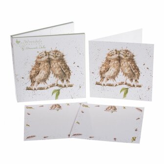 Wrendale-Notecard-Pack-BIRDS OF A FEATHER-12-kaarten-enveloppen-OWL-2-twee-knuffelende-kroelende-Uilen-NCP005