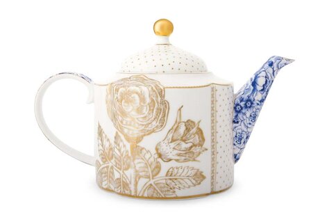 Pip-Studio-theepot-ROYAL_WHITE-1650ml-wit-porselein-blauw-goudkleurig-bloemen-51.005.021