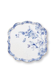 Pip-Studio-Mini-Cake-Tray-ROYAL-WHITE-24x24cm-rand-blauw-goud-bloemen-vogel-51010013