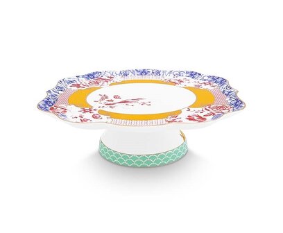 Pip-Studio-Mini-Cake-Tray-ROYAL-MULTI-24x24cm-rand-blauw-roze-bloemen-vogel-51010030