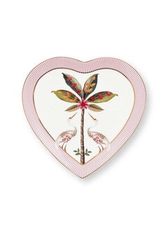 PIP-Studio-set/2-Heart-Shape-Plates-21.5cm-LA-MAJORELLE-Pink-2-hartvormig-ontbijtbord-Palmboom-Kraanvogels-gestreepte-rand-goud