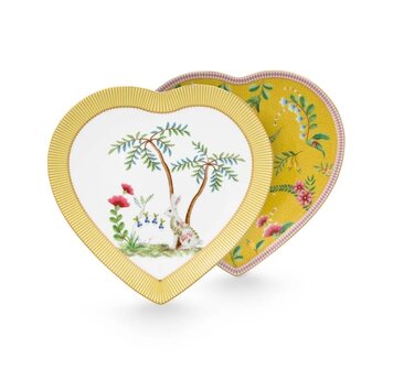 PIP-Studio-set/2-Heart-Shape-Plates-21.5cm-LA-MAJORELLE-Yellow-2-hartvormig-ontbijtbord-Palmboom-konijn-haas-gestreepte-rand-go