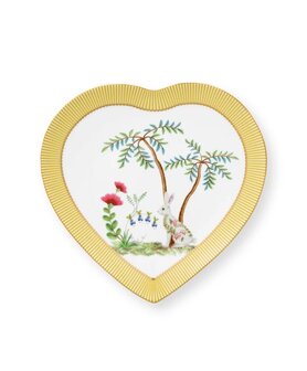 PIP-Studio-set/2-Heart-Shape-Plates-21.5cm-LA-MAJORELLE-Yellow-2-hartvormig-ontbijtbord-Palmboom-konijn-haas-gestreepte-rand-go