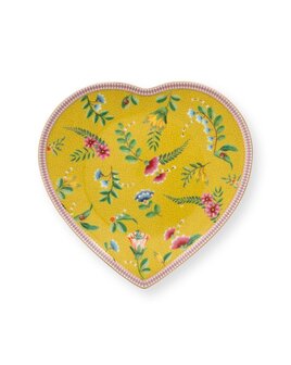 PIP-Studio-set/2-Heart-Shape-Plates-21.5cm-LA-MAJORELLE-Yellow-2-hartvormig-ontbijtbord-Palmboom-konijn-haas-gestreepte-rand-go