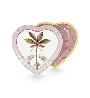 PIP-Studio-set/2-Heart-Shape-Plates-21.5cm-LA-MAJORELLE-Pink-2-hartvormig-ontbijtbord-Palmboom-Kraanvogels-gestreepte-rand-goud