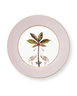 PIP-Studio-Plate-21cm-LA-MAJORELLE-Pink-ontbijtbord-Palmboom-Kraanvogels-roze-gestreepte-rand-goud-accent-51.001.281