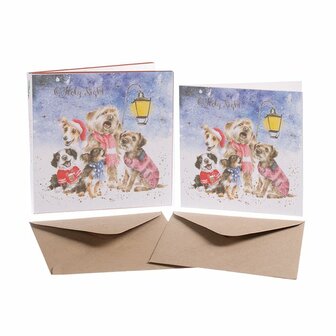 Wrendale-Kerstkaarten-enveloppen-8_stuks-O_HOLY_NIGHT-DOG-Kerst-tafereel-5-zingende-hond-in-de-sneeuw-XB040