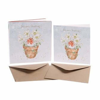 Wrendale-Kerstkaarten-enveloppen-8_stuks-Seasons-Tweetings-robin-Roodborstje-Helleborus-Kerstroos-bloempot-sneeuw-XB034