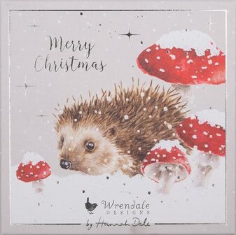 Wrendale-Luxury-boxed-Christmas-cards-Kerstkaarten-enveloppen-box/8-HOME-FOR-CHRISTMAS-hedgehog-egel-paddenstoelen-sneeuw-LXB01
