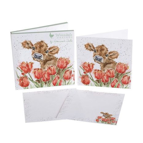 Wrendale-Notecard-Pack-BESSIE-Cow-Tulips-12-kaarten-enveloppen-koe-tulpen-NCP019