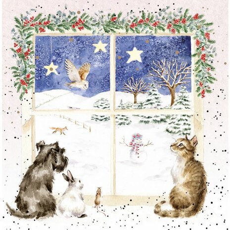 Wrendale-Kerstkaarten-enveloppen-8_stuks-JOY_TO_THE_WORLD-versierd-Kerstraam-hond-kat-konijn-sneeuwpop-XB044