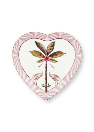 PIP-Studio-set/2-Heart-Shape-Plates-21.5cm-LA-MAJORELLE-Pink-2-hartvormig-ontbijtbord-Palmboom-Kraanvogels-gestreepte-rand-goud