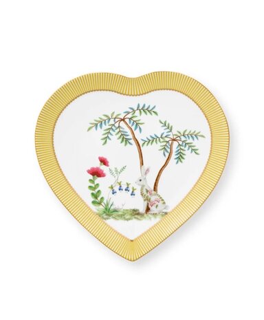 PIP-Studio-set/2-Heart-Shape-Plates-21.5cm-LA-MAJORELLE-Yellow-2-hartvormig-ontbijtbord-Palmboom-konijn-haas-gestreepte-rand-go