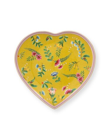 PIP-Studio-set/2-Heart-Shape-Plates-21.5cm-LA-MAJORELLE-Yellow-2-hartvormig-ontbijtbord-Palmboom-konijn-haas-gestreepte-rand-go