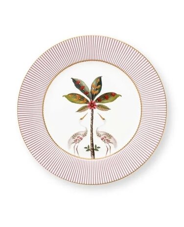 PIP-Studio-Plate-21cm-LA-MAJORELLE-Pink-ontbijtbord-Palmboom-Kraanvogels-roze-gestreepte-rand-goud-accent-51.001.281