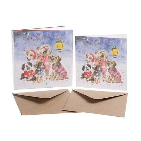 Wrendale-Kerstkaarten-enveloppen-8_stuks-O_HOLY_NIGHT-DOG-Kerst-tafereel-5-zingende-hond-in-de-sneeuw-XB040