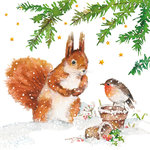Papieren-lunch-servet-PPD-p/20-winter-sneeuw-SQUIRREL_&_ROBIN-33x33cm-Eekhoorn-Roodborstje-3333846