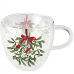 Ambiente-dubbel-glas-theeglas-beker-mok-mug-MISTLETOE-with-BOW-200ml-hartvorm-glas-Kerstgroen-met rood-lint-34418860