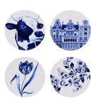 Heinen Delftsblauw gekleurde-porseleinen-onderzetters-rond-kurk-p/4-PICTURES-FROM-HOLLAND-Delftsblauw-Koe-Tulp-Bloesem-Grachten
