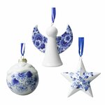 Heinen-Delftware-set-van-3-porseleinen-kerstornamenten-ongeveer-8.5cm-Kerstbal-Engel-ster-BLOEM-Delftsblauw-bloem-motieven-D078