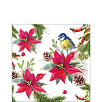 papieren-servet-cocktail-Ambiente-BIRD_ON_POINSETTIA-25x25-vogel-Pimpelmees-Kerstster-kerstgroen-32514640