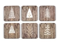 WOODEN WHITE XMAS Onderzetters s/6 Kerstbomen wit WOODEN WHITE XMAS Onderzetters s/6 Kerstbomen wit