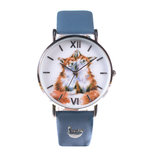 WRENDALE horloge CONTENTMENT Foxes tevreden Vossen Watch shining silver finish & Navy blue leather strap WRENDALE horloge CONTENTMENT Foxes tevreden Vossen Watch shining silver finish & Navy blue leather strap