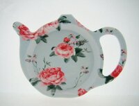 Theezakhouder kunststof theetipje ROSES roze rozen op licht blauw