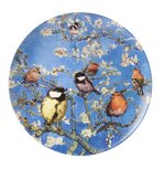 Heinen Delfts blauw wandbord serveerschaal plate 31.5cm Birds van Gogh diverse vogels op bloesemtakken