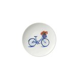 Heinen Delfts blauw wandbord small plate 16cm FIETS bordje met blauwe fiets met bloemenmand