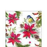 Papieren servet AB 25x25cm BIRD ON POINSETTIA WHITE vogel Pimpelmees op Kerstroos en Kerstgroen Rozenbottel