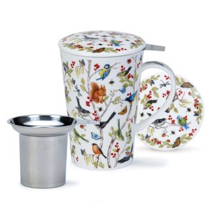 SHETLAND 3-dlg set SECRET WOOD birds beker+infuser+lid vogels in boomtakken