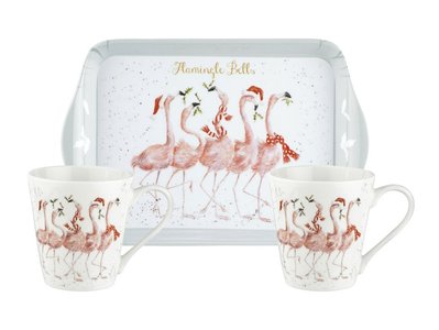 WRENDALE Christmas FLAMINGLEBELLS 2 bekers & Tray set Kerst Flamingo's