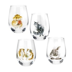 Royal Worcester WRENDALE set of 4 Tumbler Glases,500ml Cavia Hamster Kat Konijn