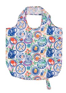 Roll-up Bag Tas opvouwbaar MEDITERRANEAN PLATES Blue bonte borden en potten