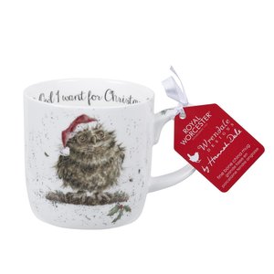 Royal Worcester WRENDALE XMAS mug OWL I WANT FOR CHRISTMAS beker mok 310ml Uil met Kerstmuts