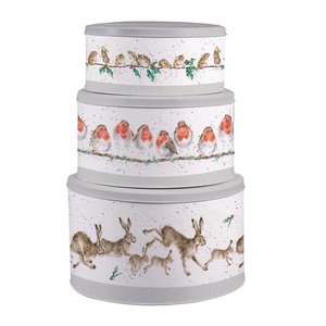 Wrendale Christmas Cake Tin Nest S/3 Trommels rond Ø 20, 22.5 en 25cm rand grijs