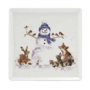 WRENDALE Square Plate 18cm GATHERED AROUND Snowman Sneeuwpop omringt door Bosdieren