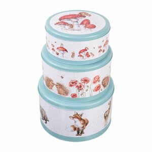 Wrendale Cake Tin Nest Set/3 Trommels Country Animals rond Ø 20-22.5-25cm rand groen