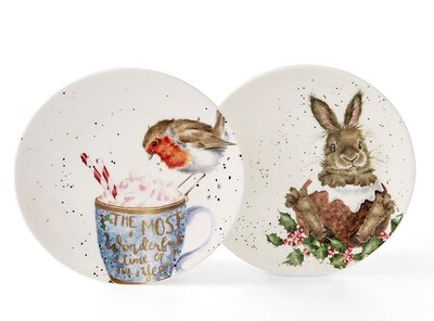 Royal Worcester WRENDALE Christmas Side Plate ROBIN & BUNNY 16,5cm s/2 Kerst Roodborstje en konijn