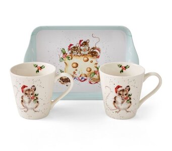 WRENDALE Christmas Mug & Tray set HOLLY JOLLY 2 bekers en dienblaadje Kerstmis Muisjes