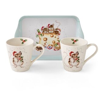 WRENDALE Mug & Tray set HOLLY JOLLY Christmas 2 bekers en dienblaadje Kerstmis Muisjes