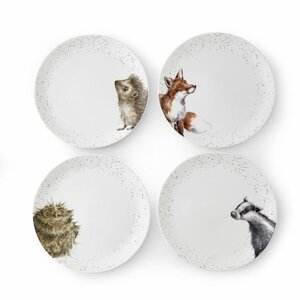 Royal Worcester WRENDALE set/4 Diner Plates 27cm WOODLAND Owl Fox Hedgehog Badger Ass. 27cm Uil Vos Egel Das