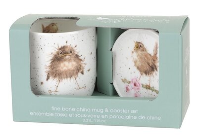 Royal Worcester giftset FLYING THE NEST beker en onderzetter WRENDALE vogel