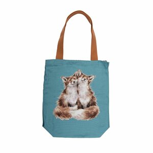 Canvas Boodschappentas  Wrendale Designs CONTENTMENT fox tuquoise stof met Vossen