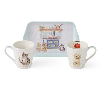 Wrendale Desings 3-dlg Mug & Tray set COUNTRY KITCHEN Cat en Dog kat en hond in de keuken