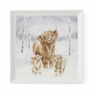 WRENDALE Designs XL Square Plate HIGHLAND STAR 23cm Schotse Hooglander en 2 kalfjes in de sneeuw