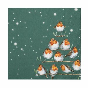 WRENDALE Designs papieren lunch servet ROCKIN ROBINS CHRISTMAS 33x33cm p/20 Roodborstjes op takken