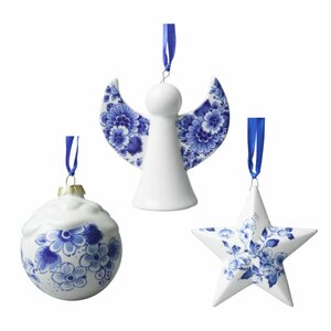 Heinen Delftware set van 3 porseleinen Kerstornamenten 8,5cm BLOEM blauwe bloemen